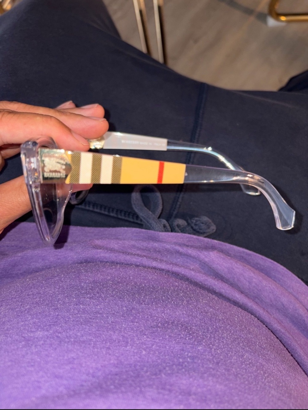 Burberry Clear Frame Sunglasses with Beige Check and Yellow/Red Stripe